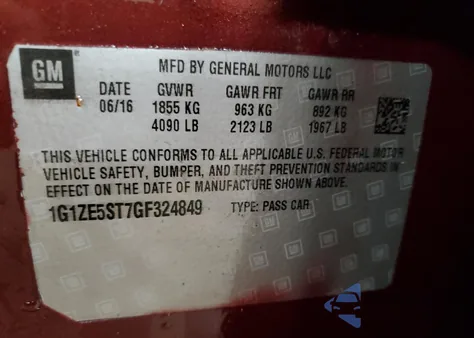 2016 Chevrolet Malibu Lt z USA, uszkodzony, nr VIN 1G1ZE5ST7GF324849